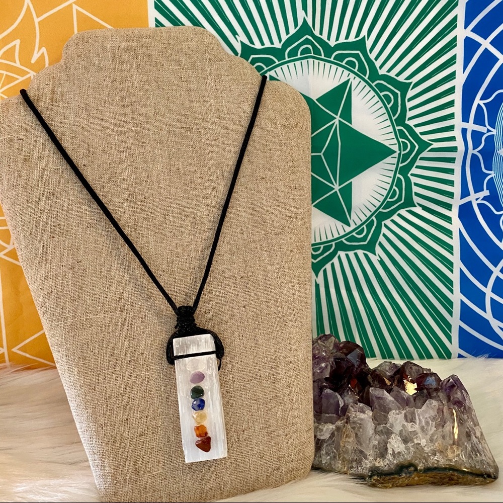 Selenite Necklace with Chakra Stones on Black Cord